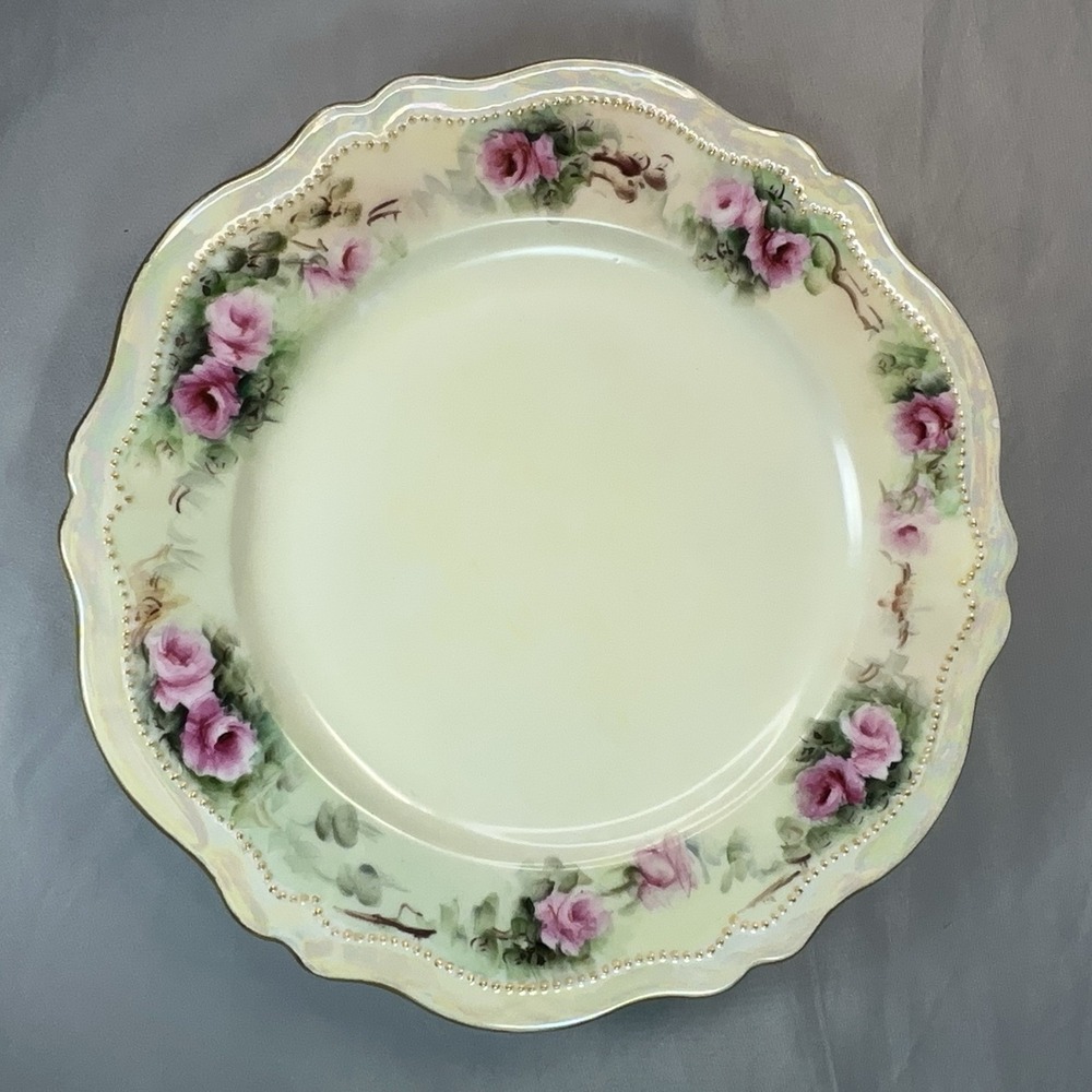 Antique Royal Austria OEG Plate Pink Roses Lusterware Gold Beaded Cottagecore